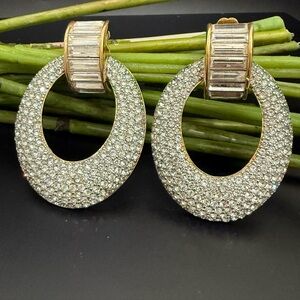 Vintage SAL Swarovski Baguette Pave Crystal Gold tone Door Knocker Clip Earrings